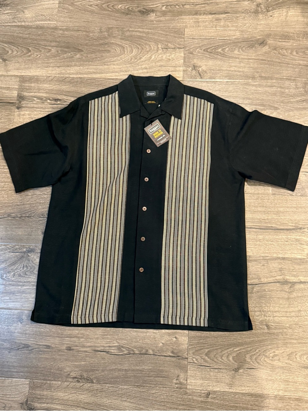 Men Silk Haggar Black Short-Sleeve Button-Down Shirt with Beige Stripe Panels M